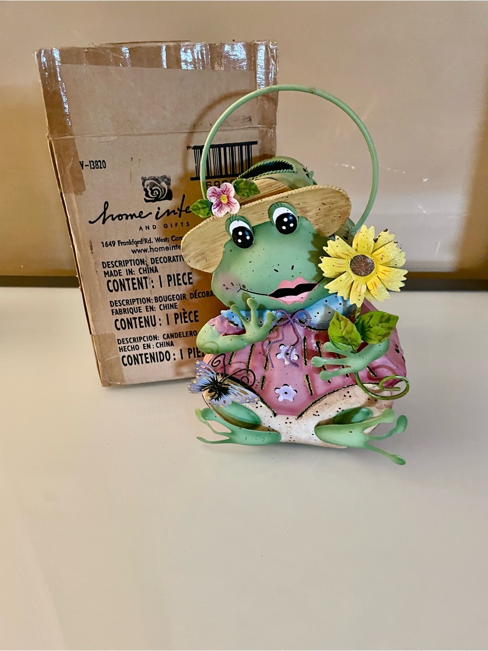 Home Interiors Green Frog Decorative Candle Holder with Sunflower